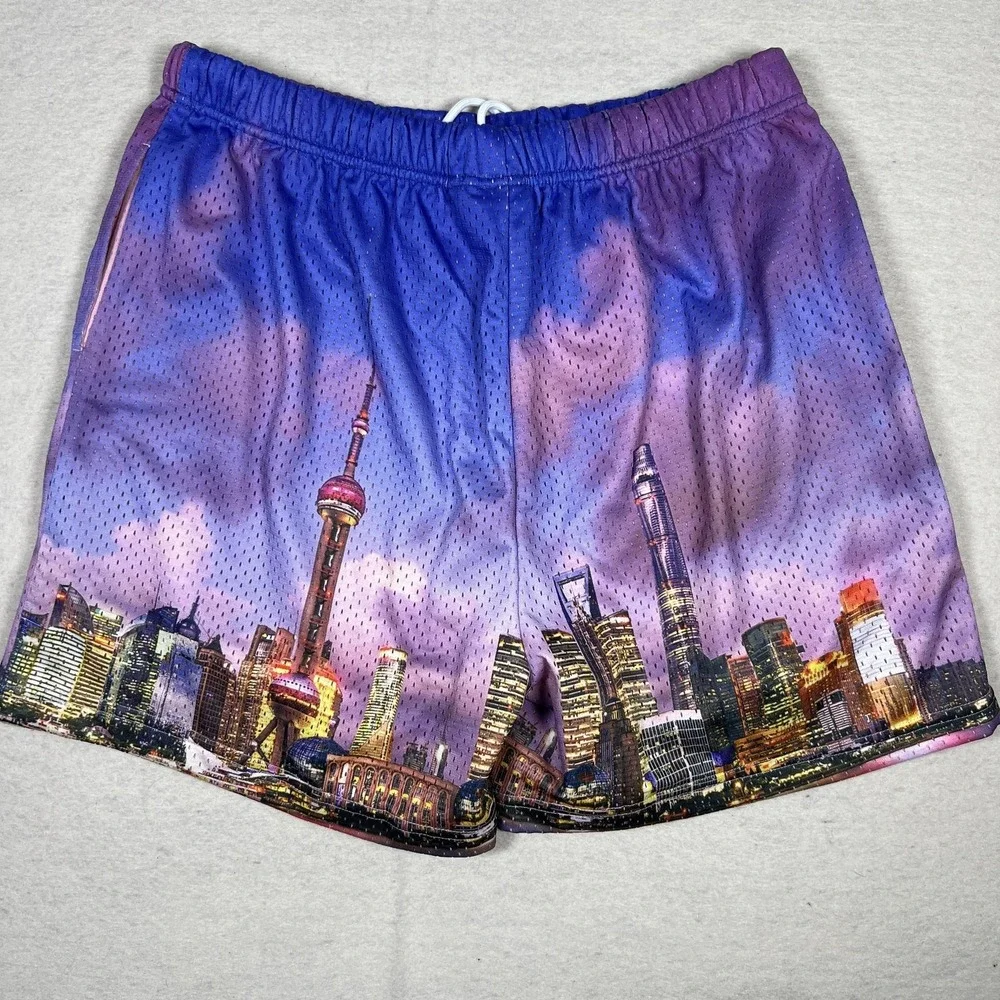 Snow Day Shorts Mens‎ Large Purple City Skyline Mesh Shanghai SD Logo Athletic